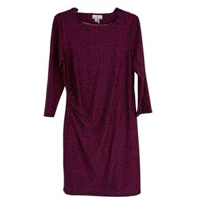 JUDE CONNALLY Dress Ruched Size Large Pink Blue Long Sleeves Pullover Stretch